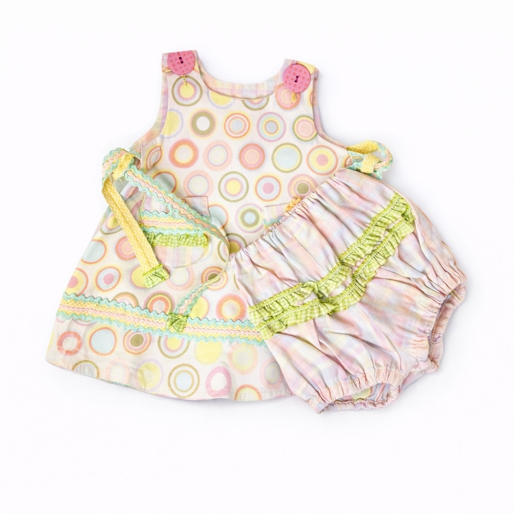 Vintage Baby Pinafore Set 12-24M Circle Print Matching Outfit Bloomers HTF